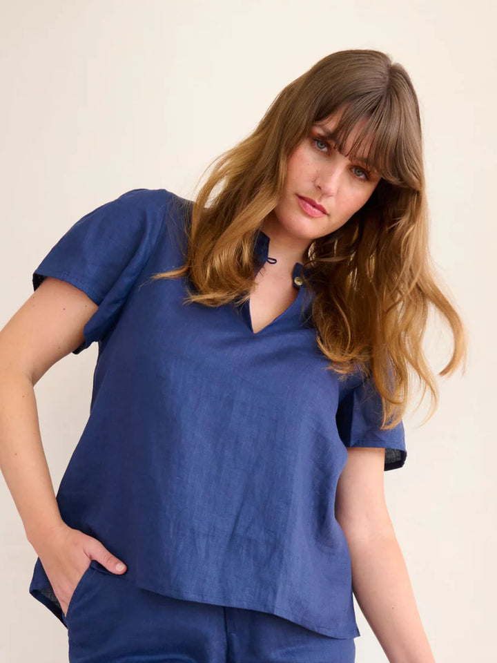 Open Neck Blouse - Lapis Blue