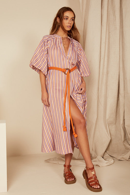 Pleated Neck Midi Dress - Candy Stripe