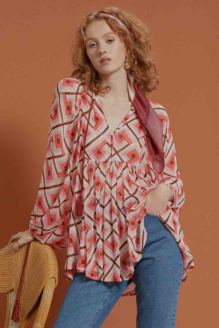 Geo Smock Blouse - Coral Hues