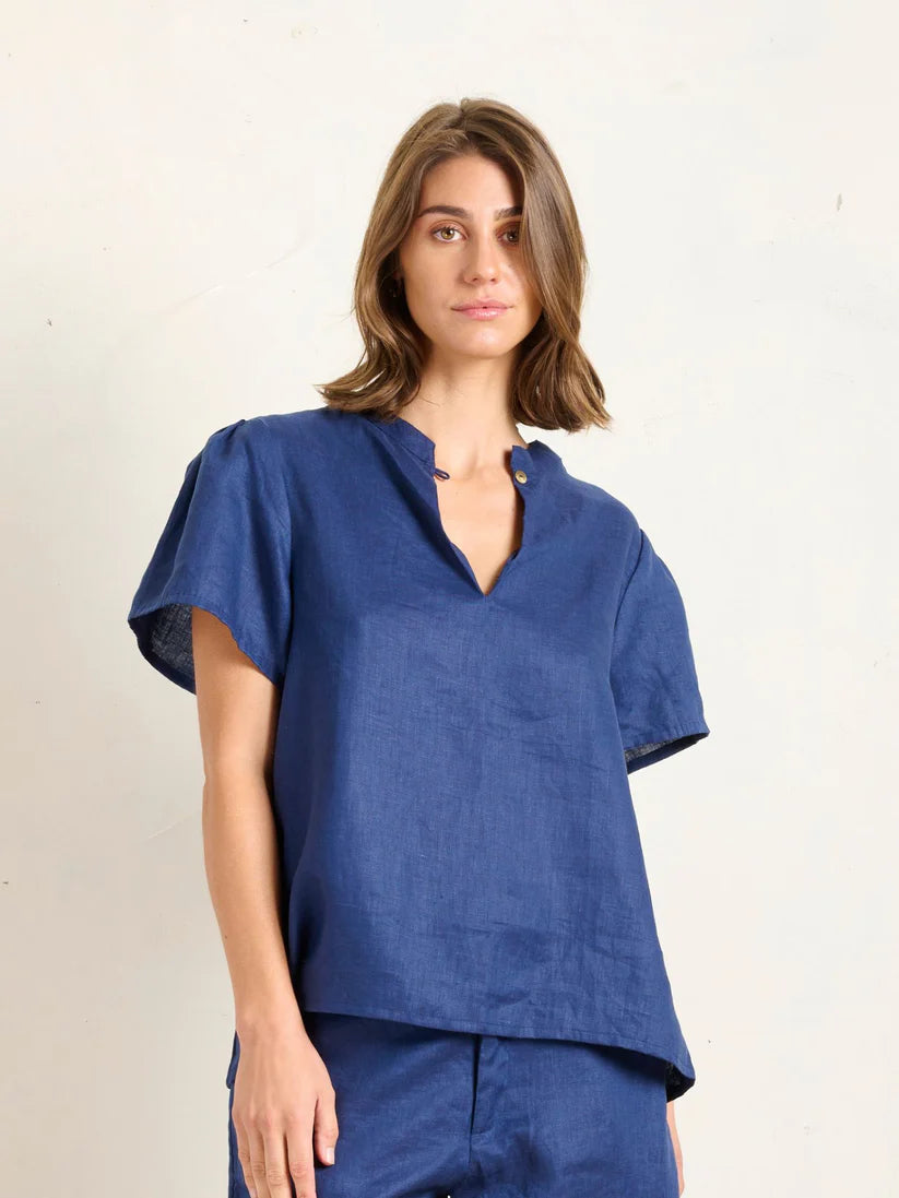 Open Neck Blouse - Lapis Blue