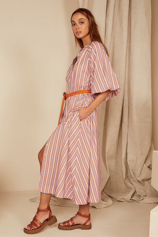 Pleated Neck Midi Dress - Candy Stripe