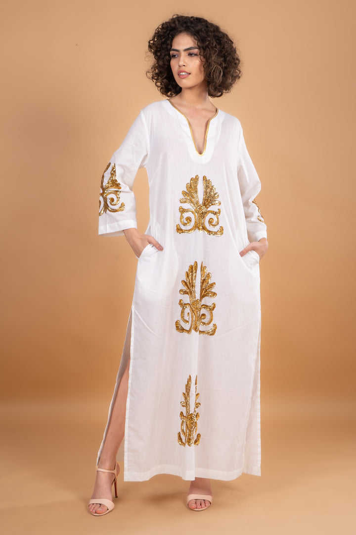 Vicky Simone Maxi Dress - White/Gold Sequins