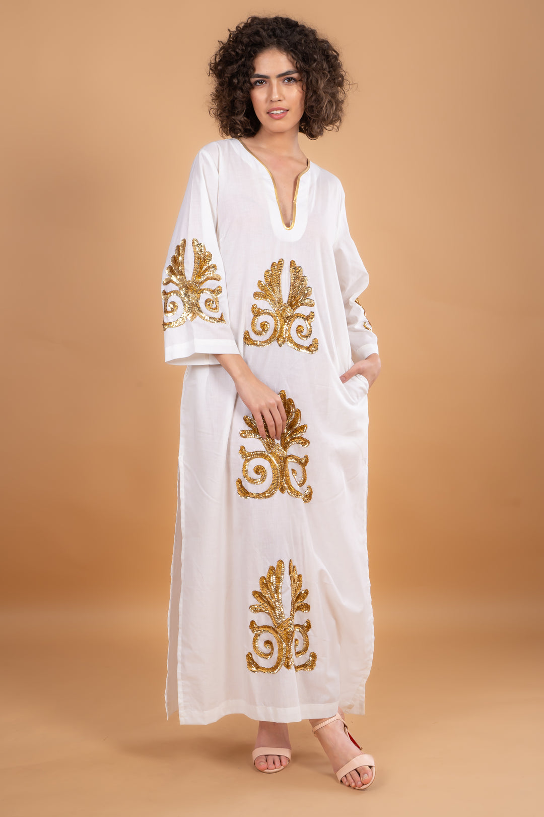 Vicky Simone Maxi Dress - White/Gold Sequins