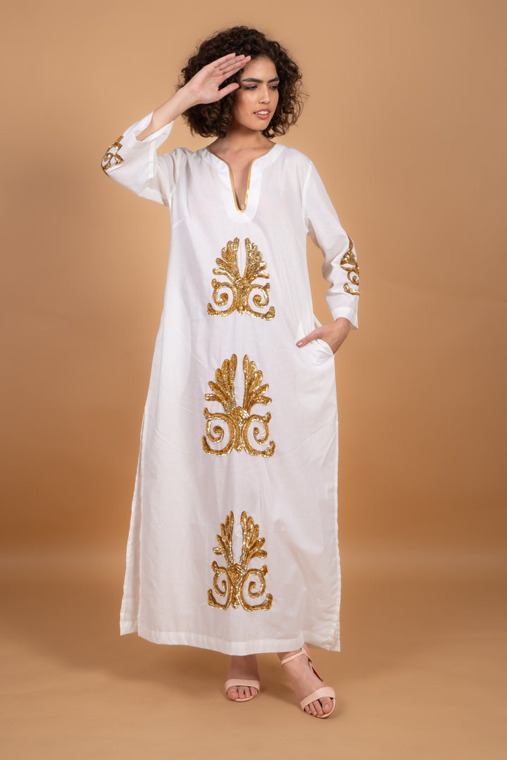 Vicky Simone Maxi Dress - White/Gold Sequins