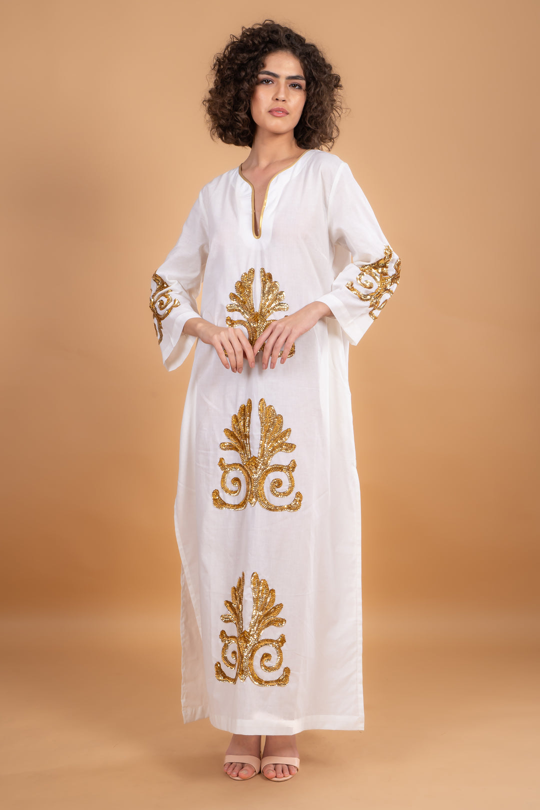 Vicky Simone Maxi Dress - White/Gold Sequins