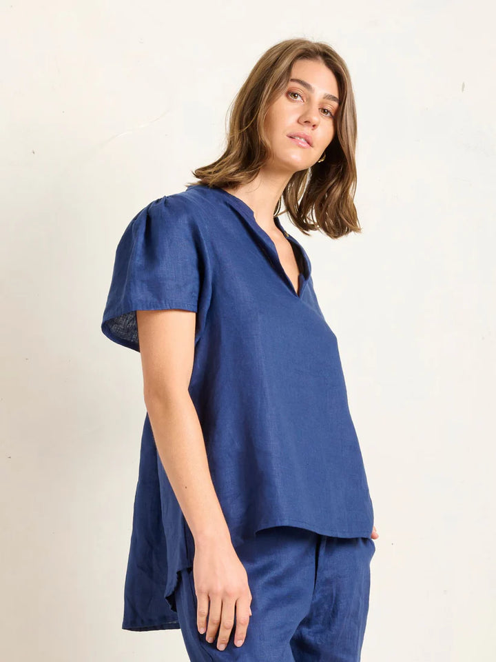 Open Neck Blouse - Lapis Blue