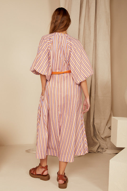 Pleated Neck Midi Dress - Candy Stripe