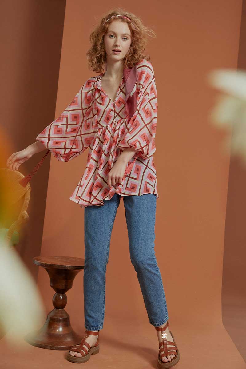 Geo Smock Blouse - Coral Hues