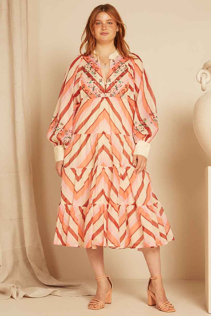 Geo Stripe Midi Dress - Coral Hues