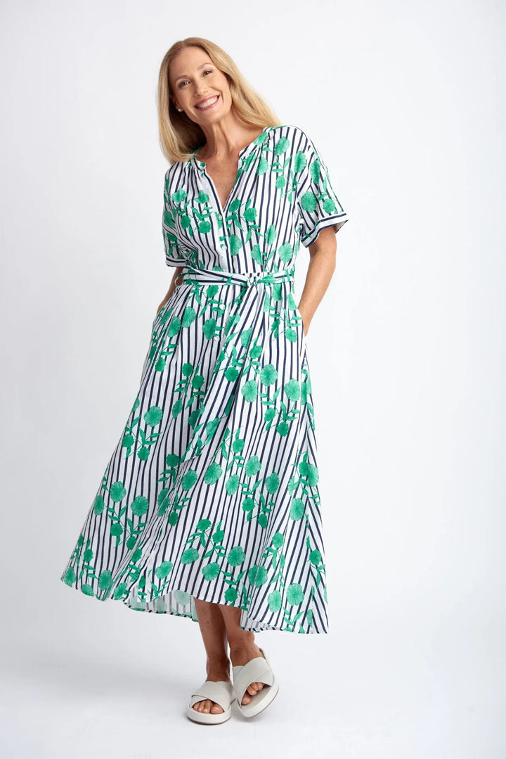 Striped A-Line Dress - Green Print