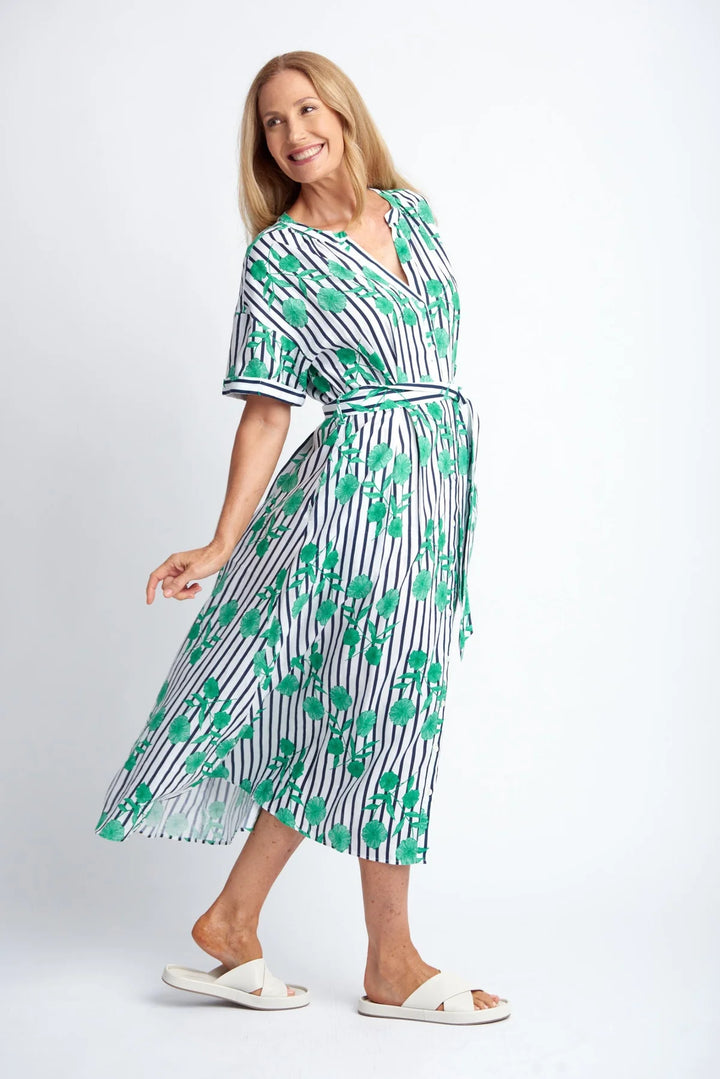 Striped A-Line Dress - Green Print