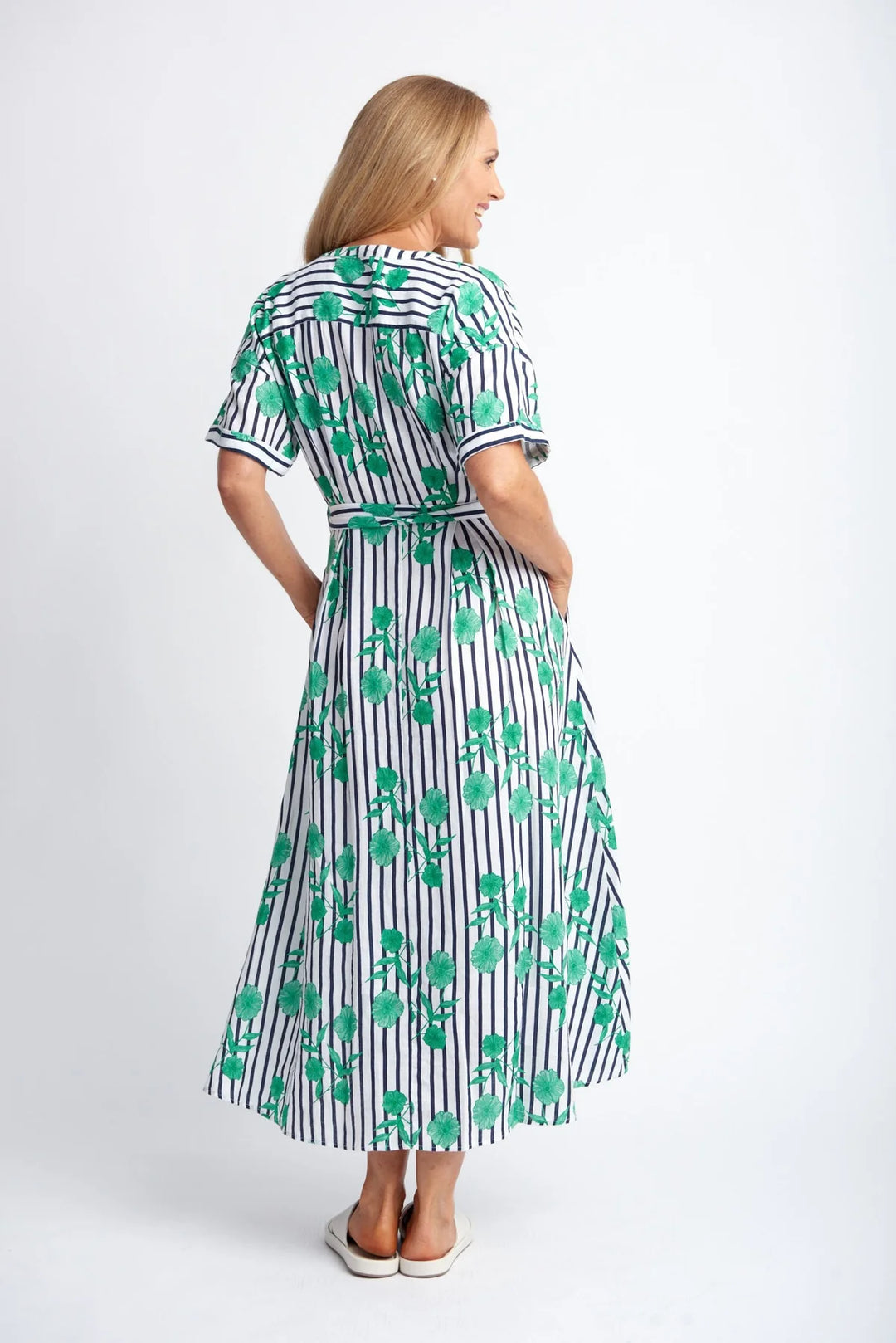 Striped A-Line Dress - Green Print