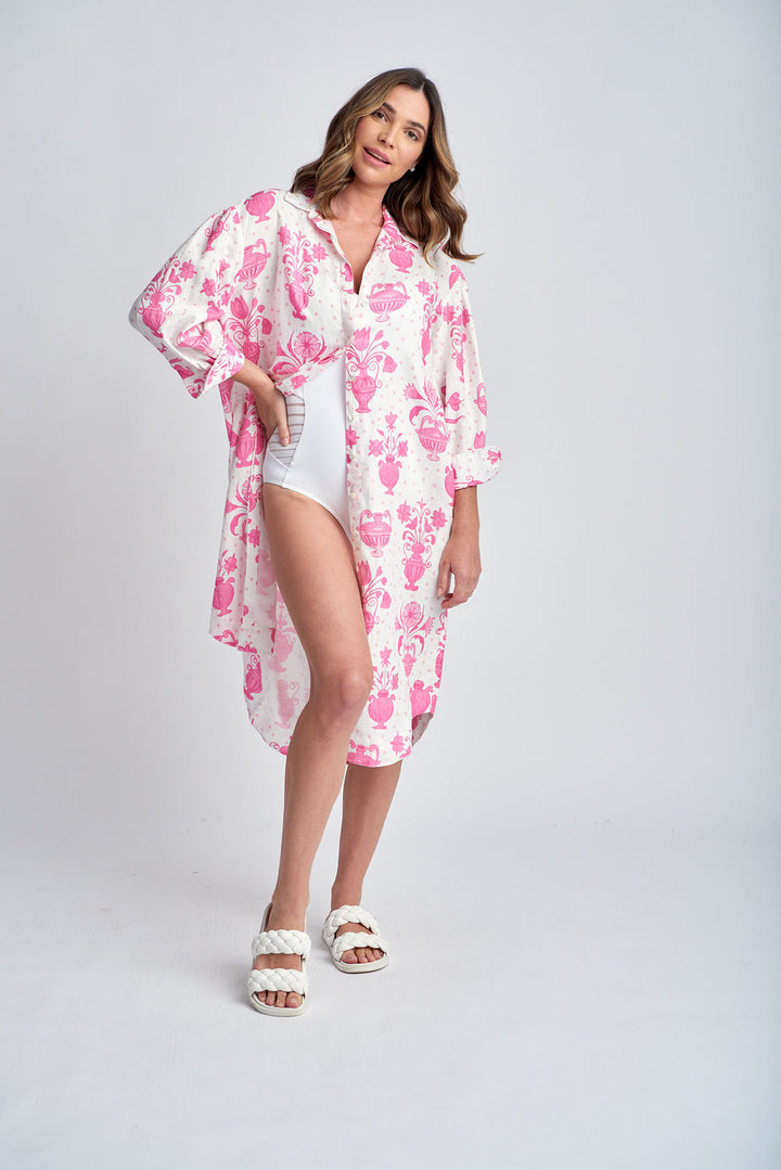 Relaxed Shirt Dress - Pink Print