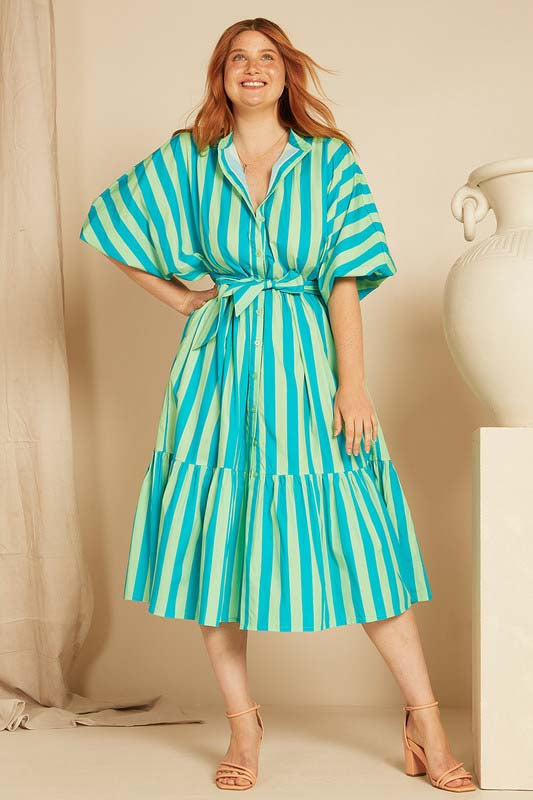 Dolman Shirt Dress - Azure/Fern Stripe