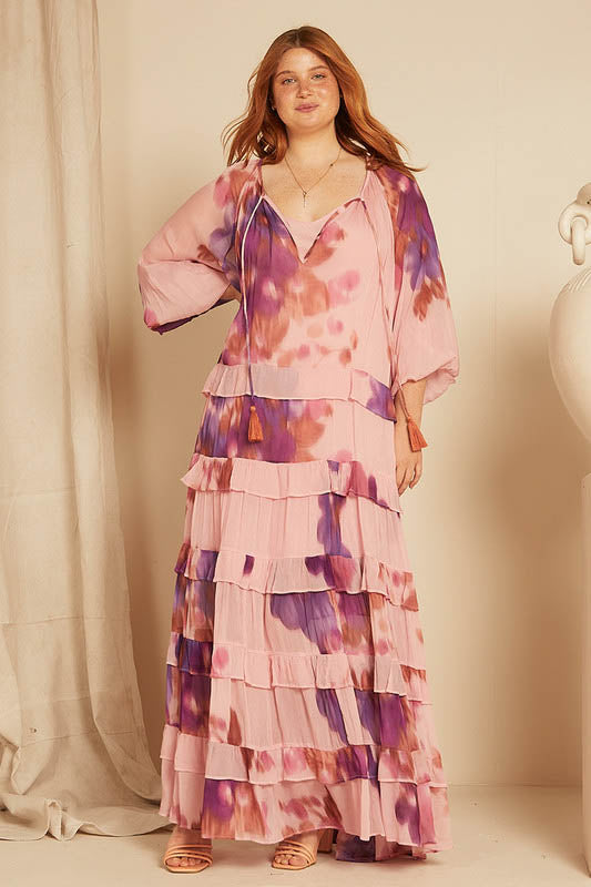 Frill Tiered Maxi Dress - Fuschia Floral