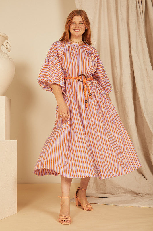 Pleated Neck Midi Dress - Candy Stripe