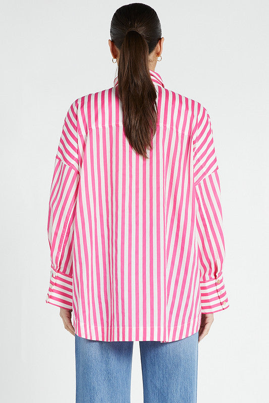 Oversized L/S Shirt - Pink White Stripe