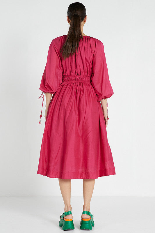 Deep V Midi Dress - Magenta