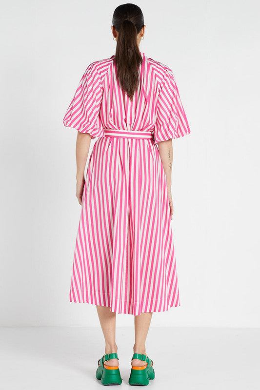 Pleated Neck Midi Dress - Pink White Stripe