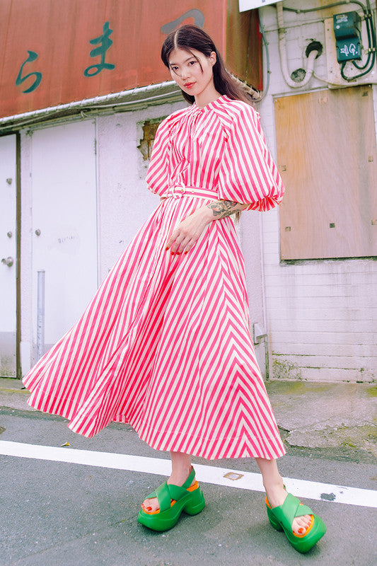 Pleated Neck Midi Dress - Pink White Stripe