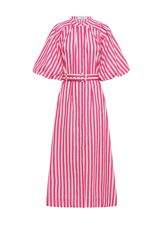 Pleated Neck Midi Dress - Pink White Stripe