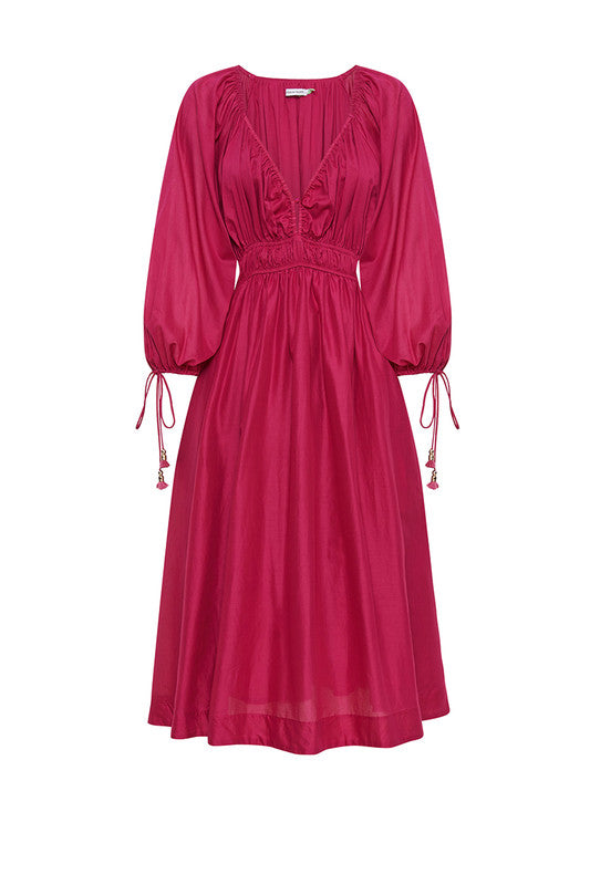 Deep V Midi Dress - Magenta