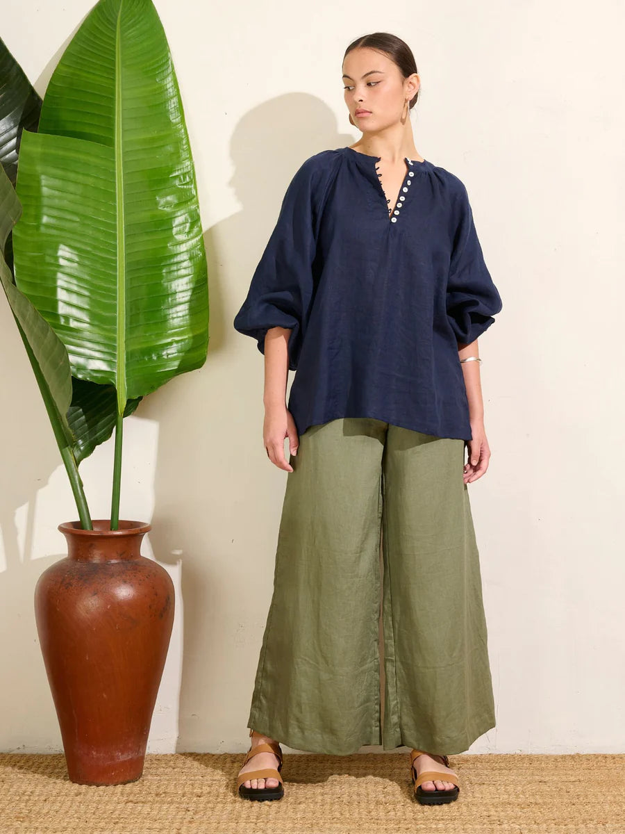 Blouson Sleeve Top - Navy Linen