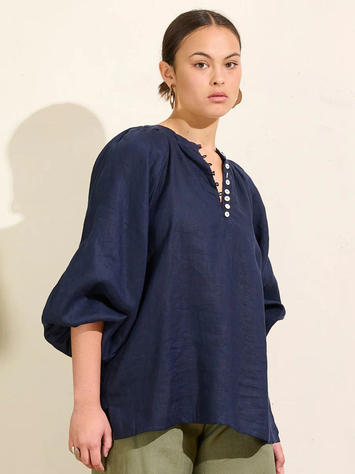 Blouson Sleeve Top - Navy Linen