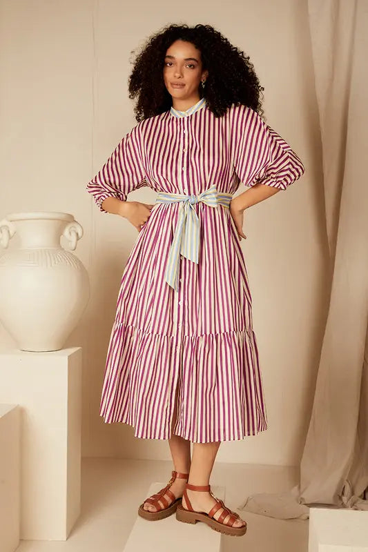 Dolman Shirt Dress - Grape Stripe