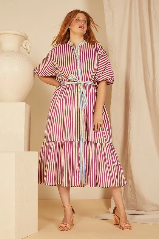 Dolman Shirt Dress - Grape Stripe