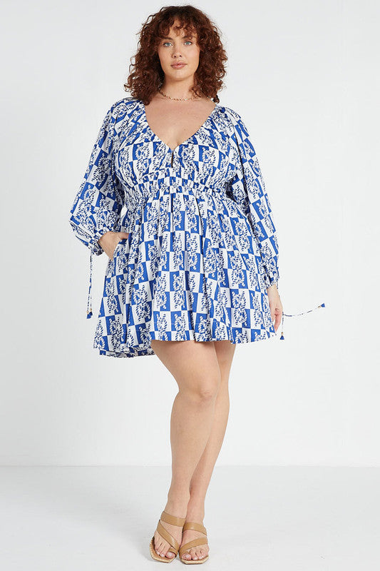 V-Neck Mini Dress - Blue/White