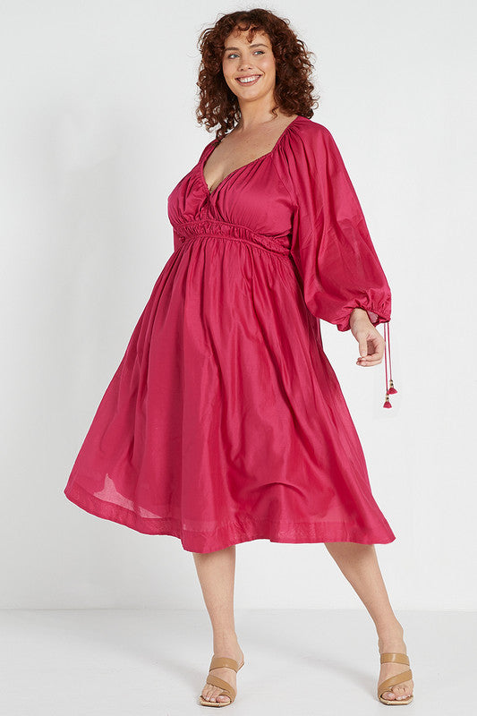 Deep V Midi Dress - Magenta