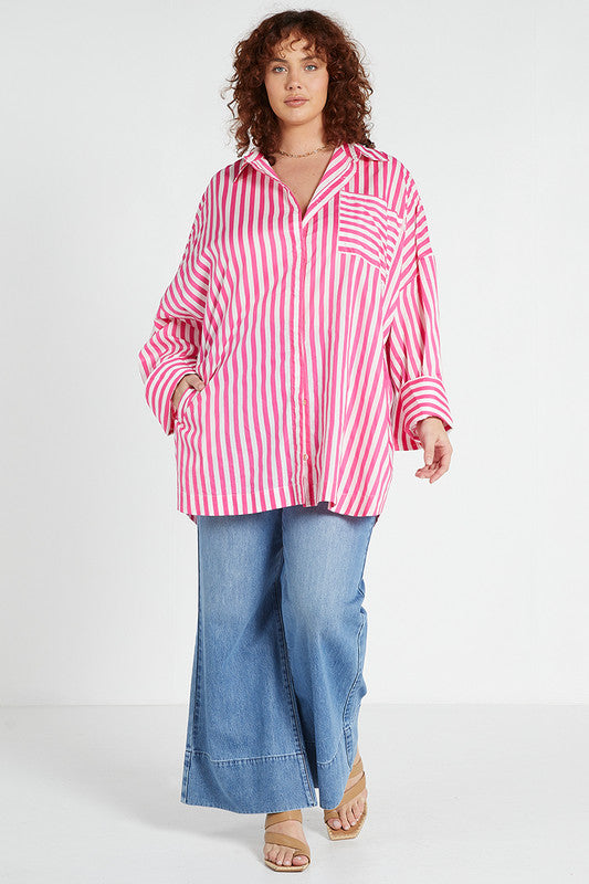 Oversized L/S Shirt - Pink White Stripe