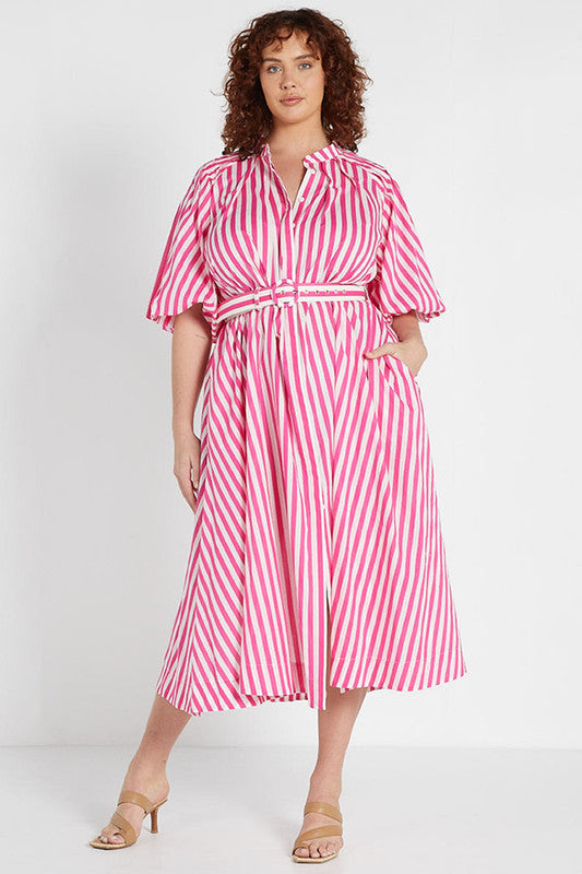 Pleated Neck Midi Dress - Pink White Stripe