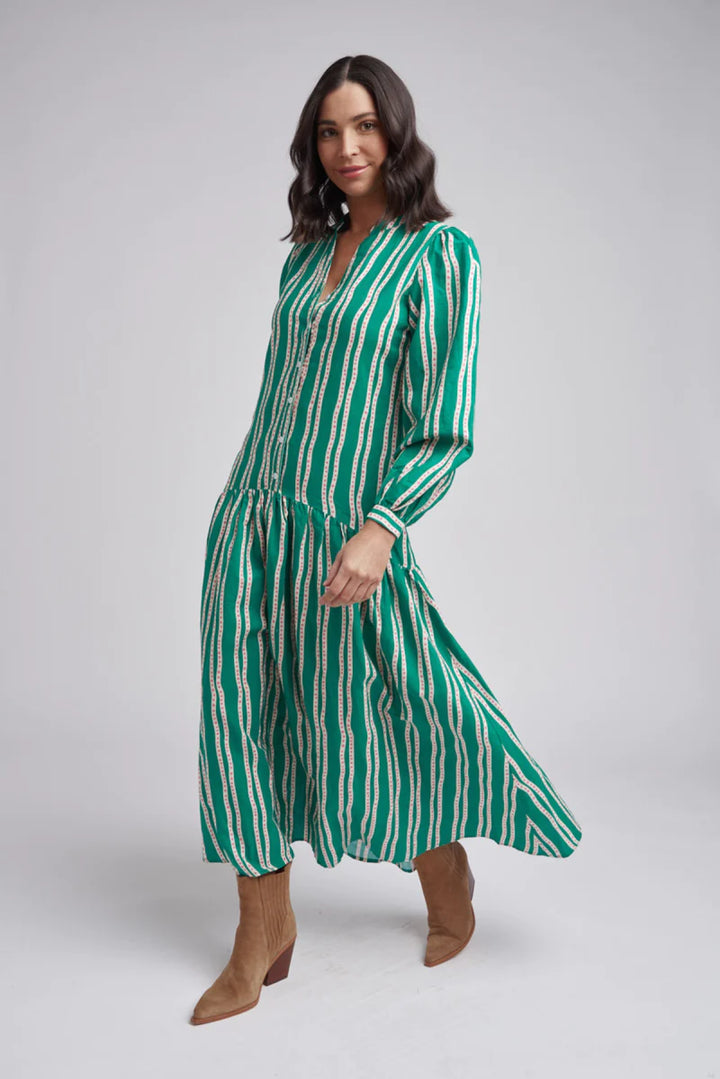 Drop Waist Maxi Dress - Green Beige Stripe