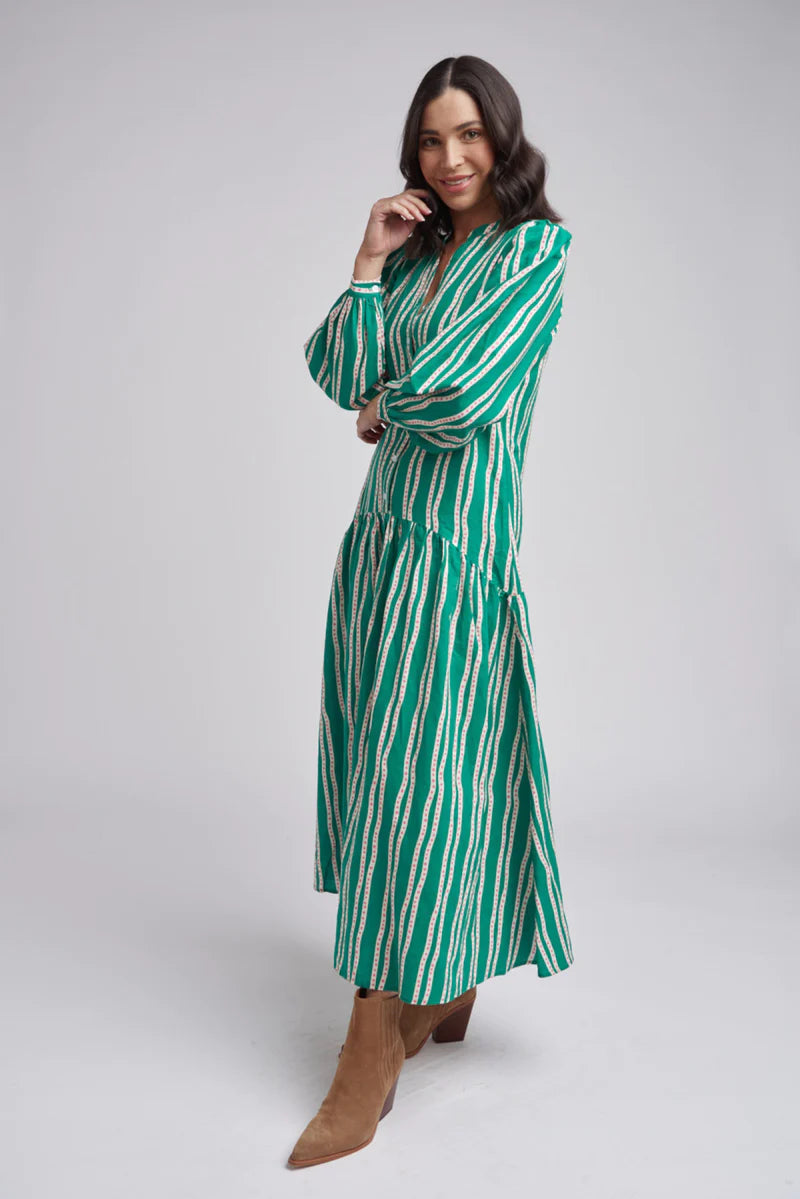 Drop Waist Maxi Dress - Green Beige Stripe