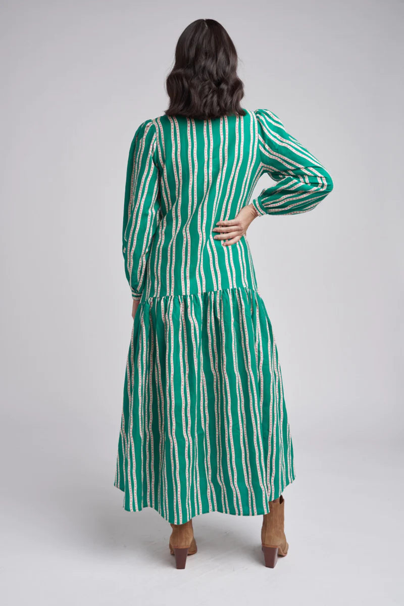 Drop Waist Maxi Dress - Green Beige Stripe