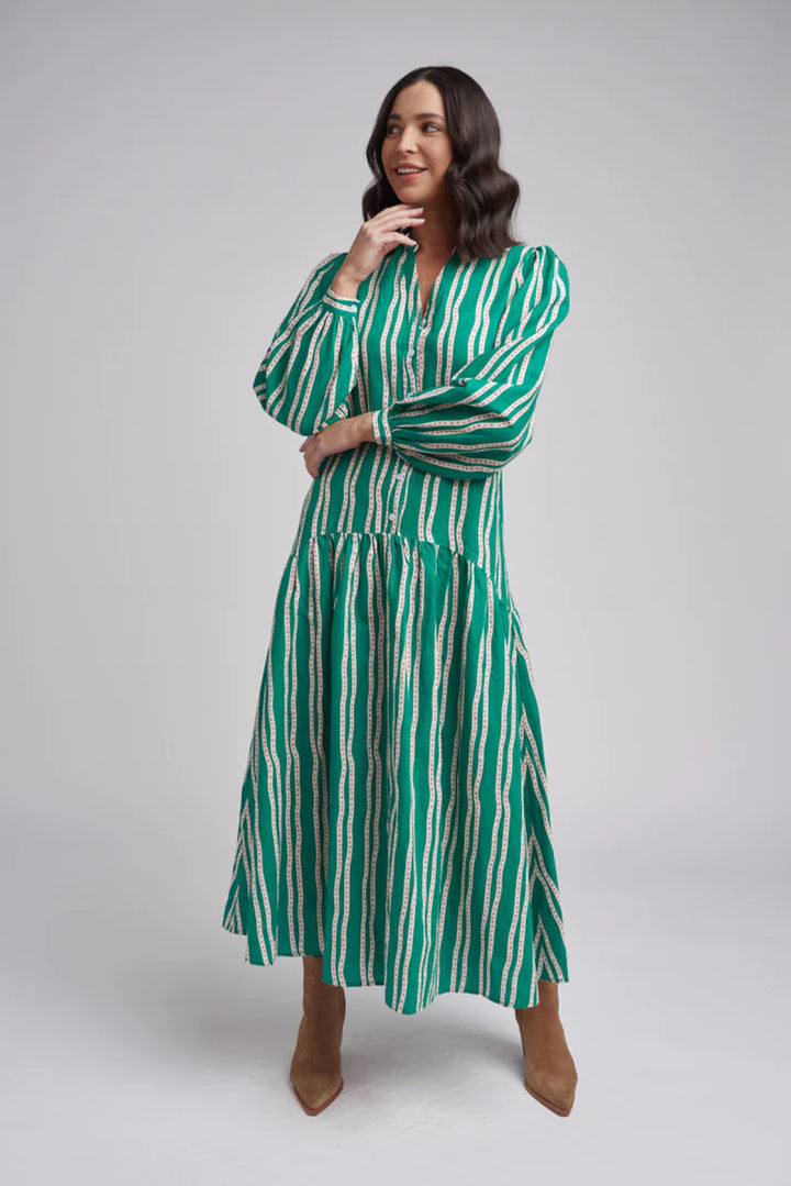 Drop Waist Maxi Dress - Green Beige Stripe