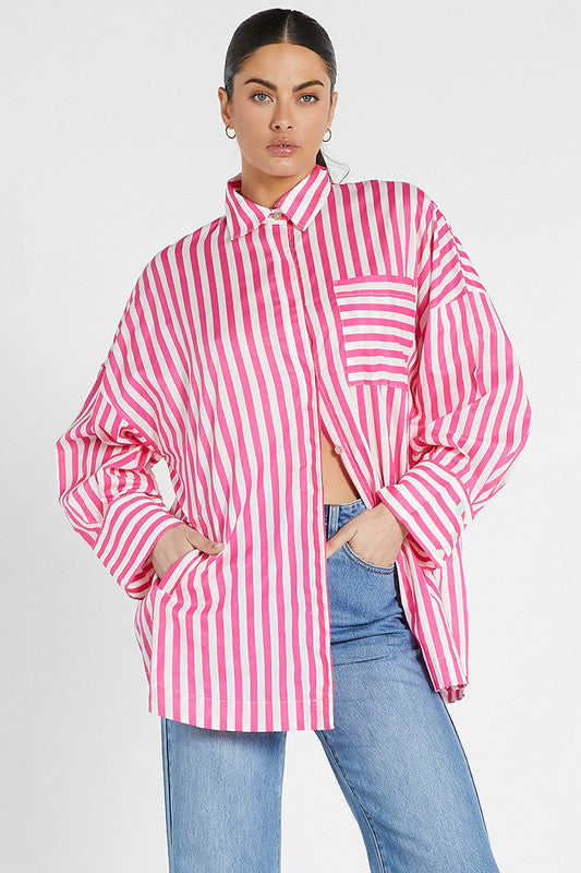 Oversized L/S Shirt - Pink White Stripe