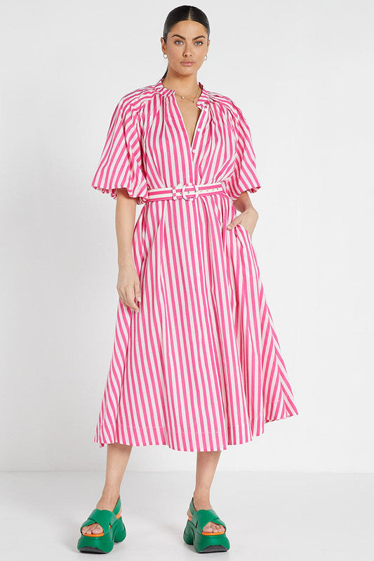 Pleated Neck Midi Dress - Pink White Stripe