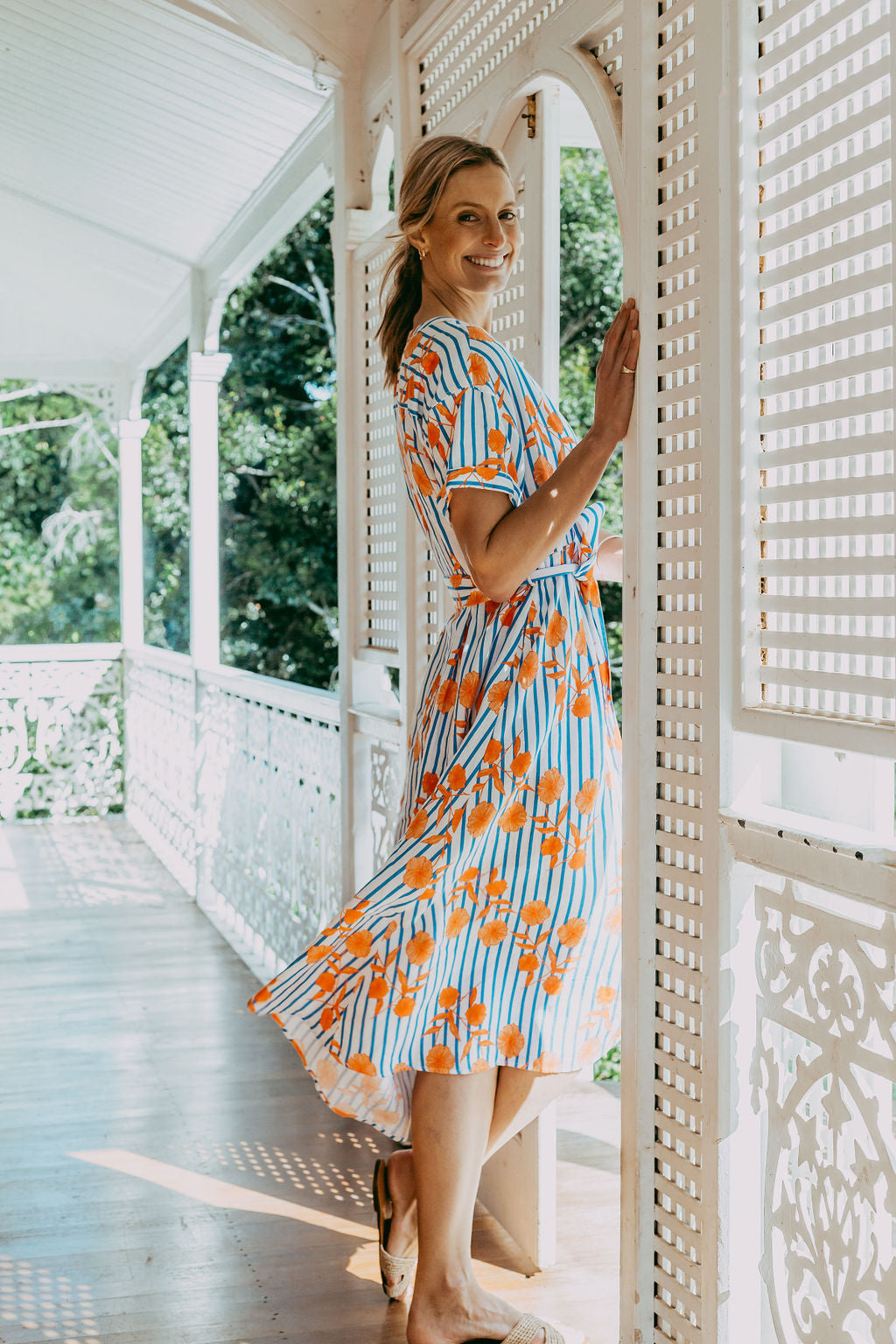 Striped A-Line Dress - Orange Print