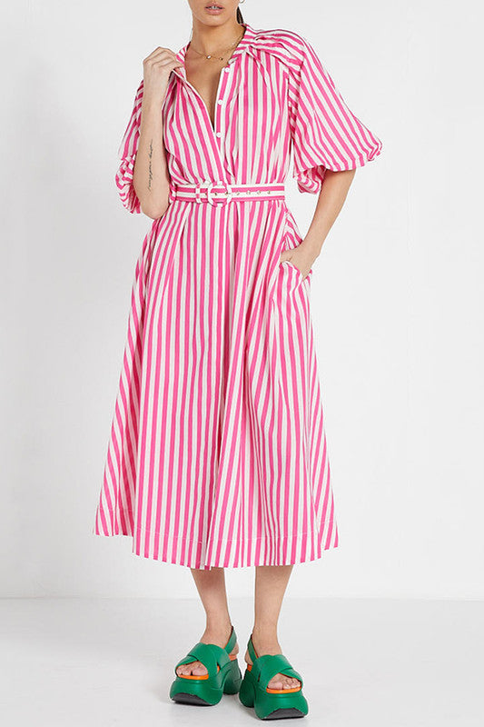 Pleated Neck Midi Dress - Pink White Stripe