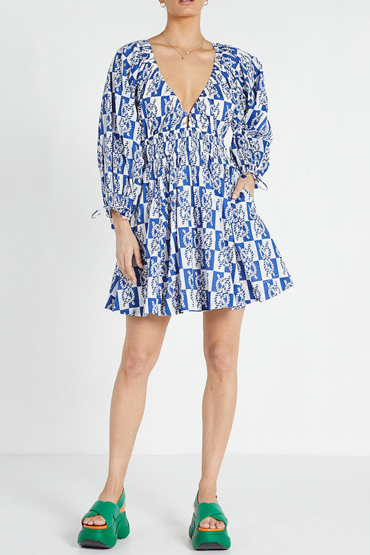 V-Neck Mini Dress - Blue/White