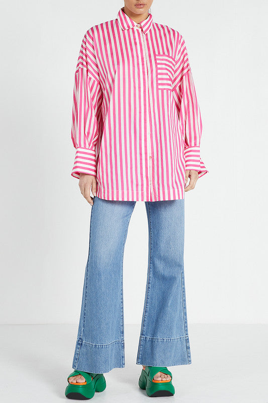 Oversized L/S Shirt - Pink White Stripe