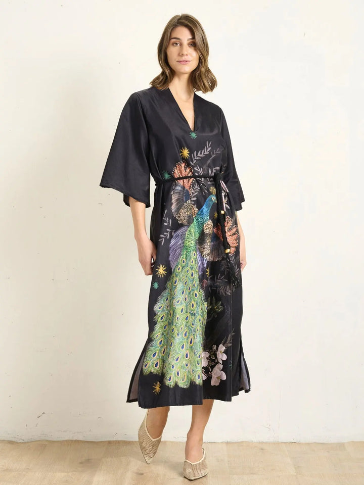 Silky Peacock Kaftan - Onyx