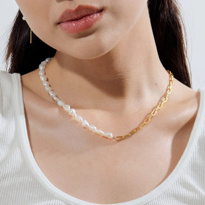 Paperclip Baroque Pearl Necklace - Gold