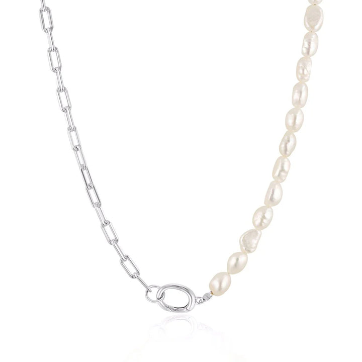 Paperclip Baroque Pearl Necklace - Silver