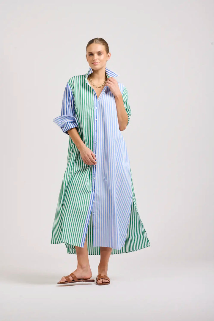 The Luna Oversized Long Shirtdress - Blue/Green Stripe Combo