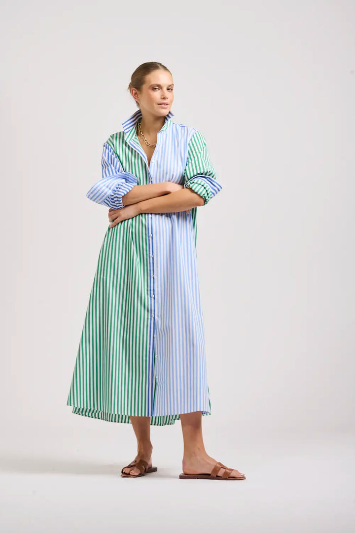 The Luna Oversized Long Shirtdress - Blue/Green Stripe Combo