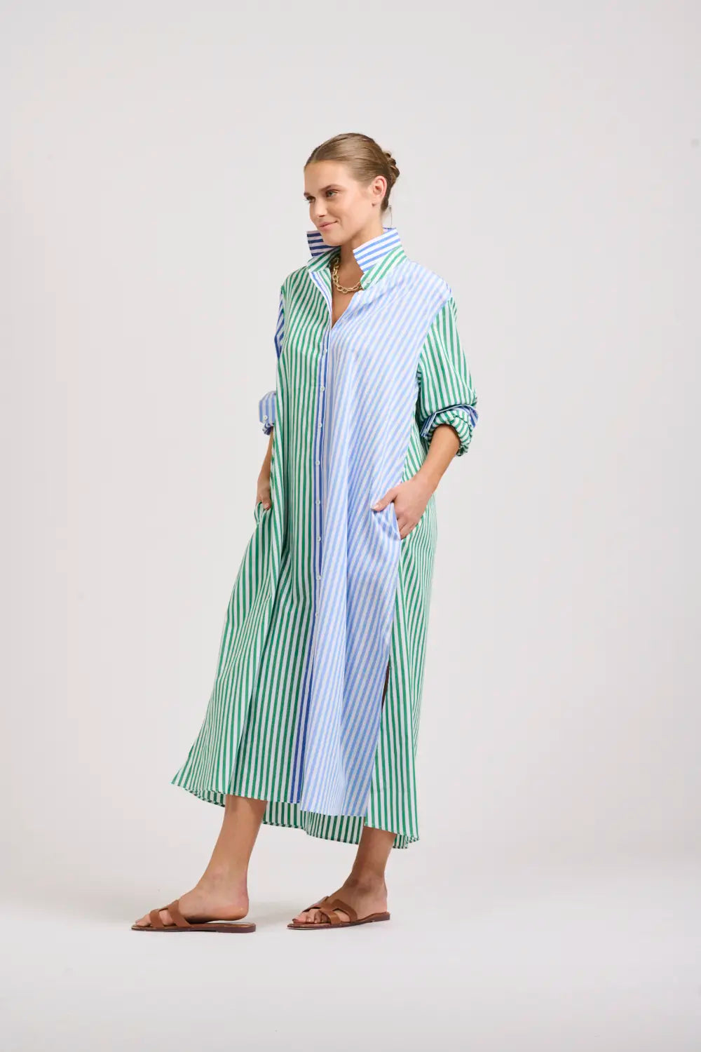 The Luna Oversized Long Shirtdress - Blue/Green Stripe Combo